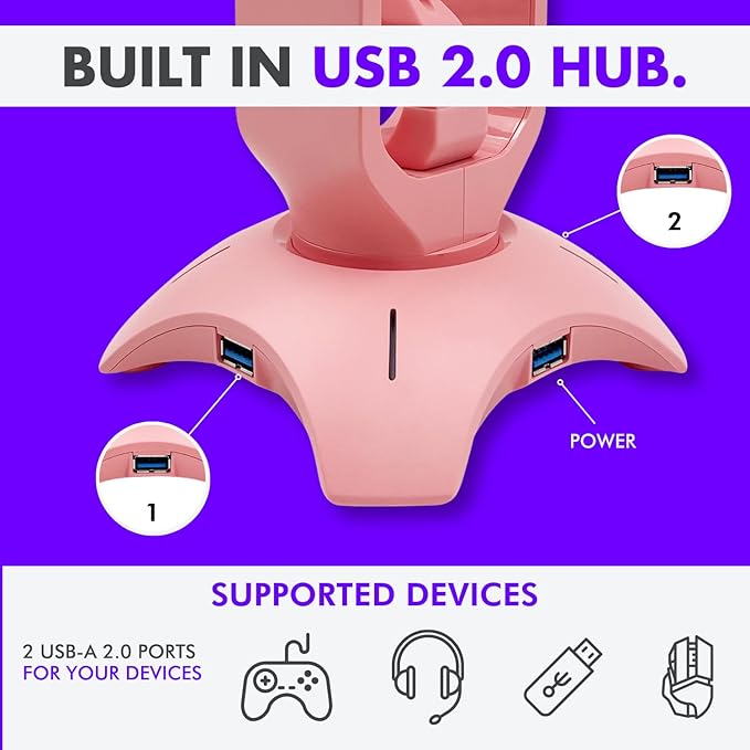 Tilted Nation Cute Headphone Stand Pink | Headset Stand with RGB Mouse Bungee Holder and 2 Port USB Hub Charger - Desk Gaming Accessories