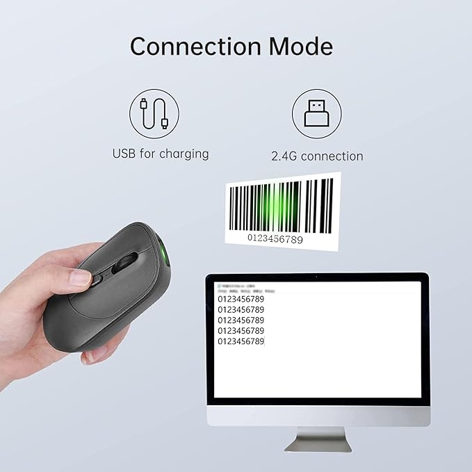 New Wireless Mouse Barcode Scanner 2-in-1 Design 2D Handheld Barcode Scanner with Wireless Mouse Functions for POS SystemStoreSupermarket Warehouse.(Black)
