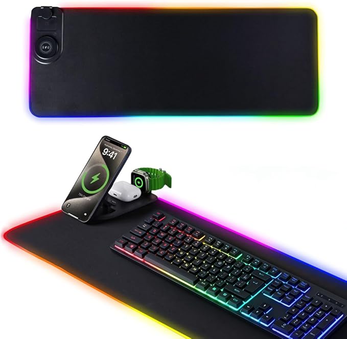 HomeBeyond RGB Gaming Mouse Pad Wireless Charging Mouse Mat Fast Charging for Phones Earbuds &amp Apple Watch 15 Dynamic Lighting Modes 31.5''x11.8'' Large Keyboard Pad with Magnetic Phone Holder