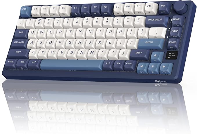 RK ROYAL KLUDGE M75 Wireless Mechanical Keyboard w/Screen and Volume Knob 2.4G/USB-C/BT Gasket Mounted 75% Gaming Keyboard with 81 Keys RGB Backlit Hot-Swap Creamy Switch Blue