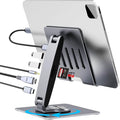 Adjustable Tablet Stand with USBC Hub 7-in-1 Aluminum Tablet Holder with Docking Station 360° Swivel Base 4K HDMI 100W PD Charging USB 3.0 SD/TF Reader 3.5mm Audio for iPad with USB-C Port