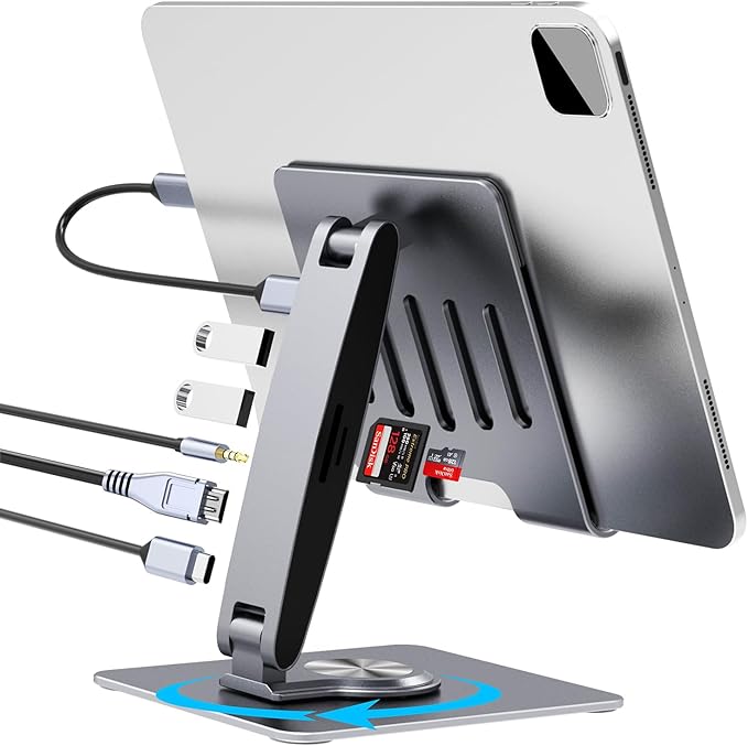 Adjustable Tablet Stand with USBC Hub 7-in-1 Aluminum Tablet Holder with Docking Station 360° Swivel Base 4K HDMI 100W PD Charging USB 3.0 SD/TF Reader 3.5mm Audio for iPad with USB-C Port