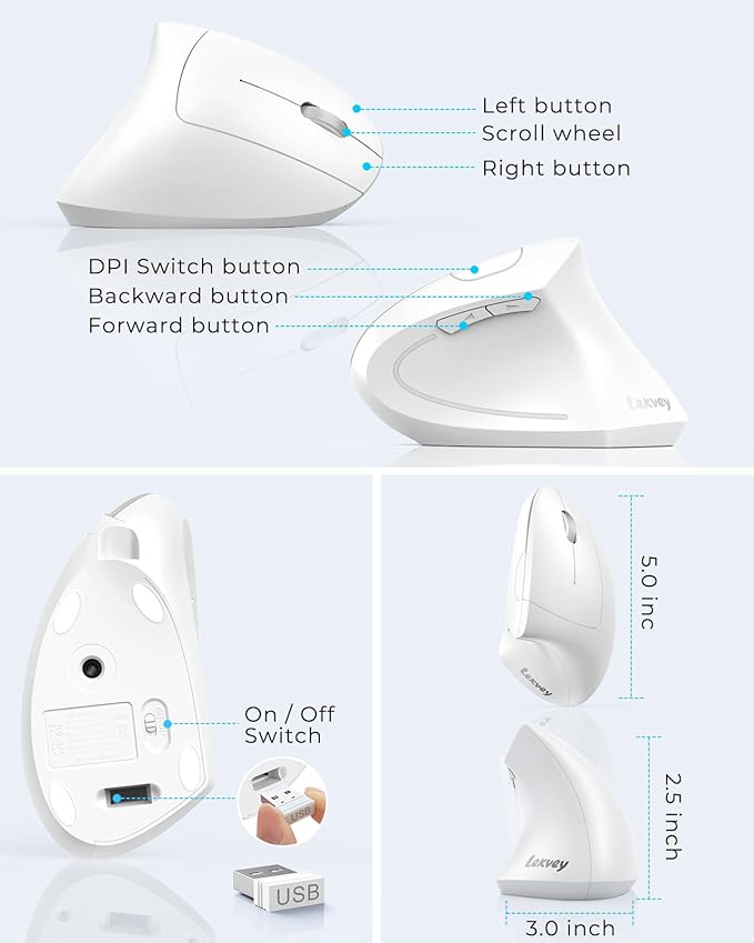 Lekvey Ergonomic Mouse Vertical Wireless Mouse Rechargeable 2.4G Optical Carpal Tunnel Mice with USB Receiver: 1000/1200/1600 DPI 6 Buttons for Laptop Computer Mac PC Desktop Notebook White
