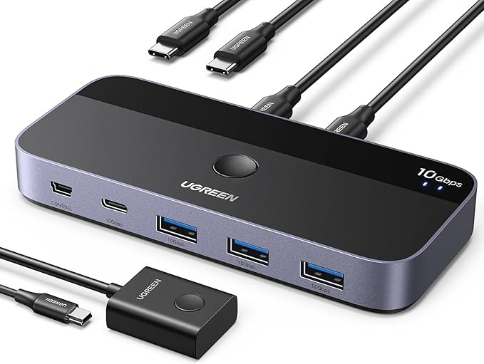 UGREEN USBC Switch 2 Computers Share 4 USB 3.2 Ports 10Gbps Switcher Selector for PC Laptop Keyboard Mouse Sharing Switch Adapter with 2 USB-C to C Data Cables and Remote