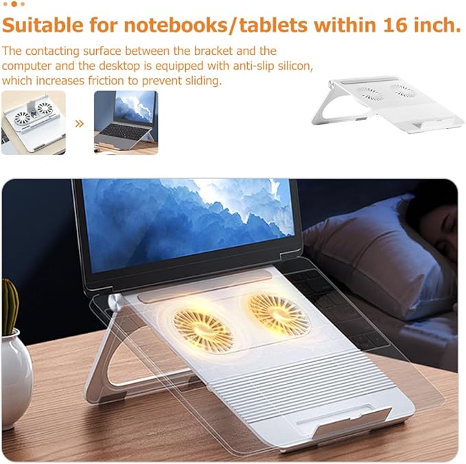 BESPORTBLE Adjustable Laptop Cooling Stand with Dual Fans Foldable Notebook Holder for PC White Laptop Air Cooler Suitable for Office and Gaming Use