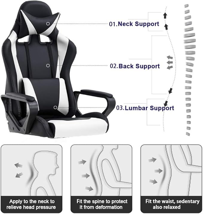 BestOffice High-Back Gaming Chair PC Office Chair Computer Racing Chair PU Desk Task Chair Ergonomic Executive Swivel Rolling Chair with Lumbar Support for Back Pain Women MenWhite
