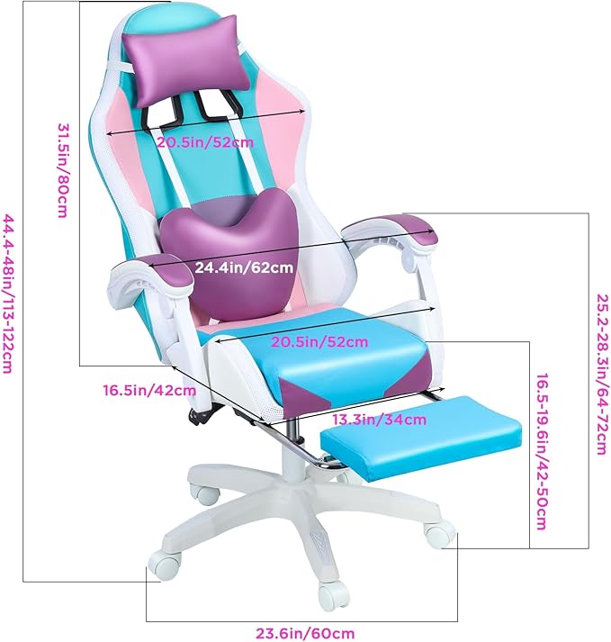 Gaming Chair with LED Lights Adjustable Gaming Chairs for Adults Ergonomic Massage Computer Chair with Load 300LBS 360° Swivel Seat Retractable Footrest Video Gamer Chairs Pink Purple
