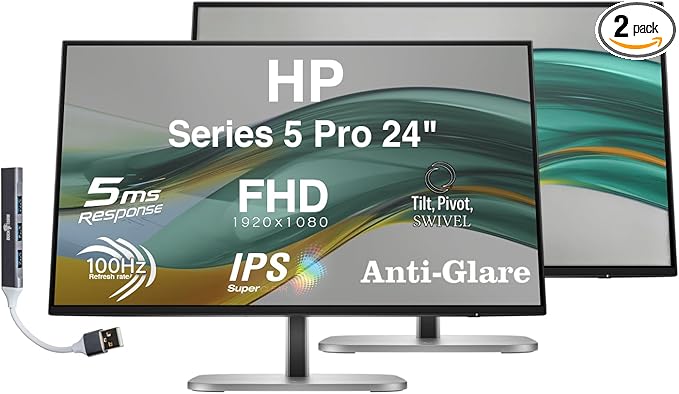 HP Series 5 Pro 24 FHD Monitor with 100 Hz 350 Nits WUXGA IPS 5ms Anti-Glare Flicker Free VESA Mount (100mm) Adjustable Height Swivel Pivot &amp Dockztorm USB Port Expander | Black/Silver 2 P