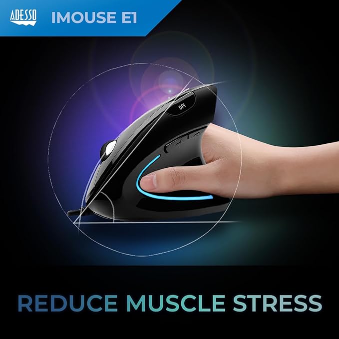 Adesso Wired Vertical Ergonomic Illuminated Optical 6-Button USB Mouse - Right Hand Orientation Black