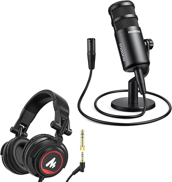 MAONO XLR Dynamic Microphone Studio Podcast Cardioid Mic for Live Streaming Vocal Recording Voice Over Voice Isolation Technology Metal Mic Bundle with Wired Headphones