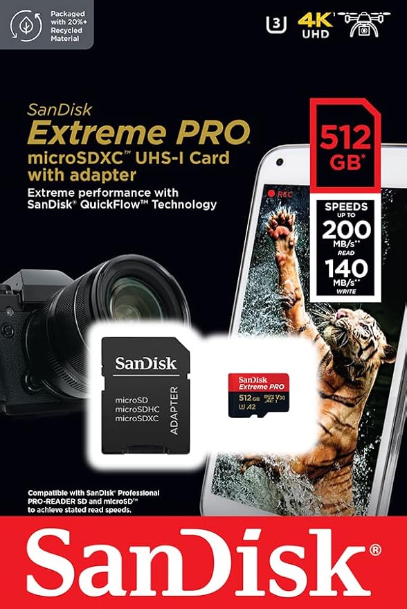 SanDisk Extreme PRO microSDXC UHS-I Memory Card 512 GB + Adapter &amp RescuePRO Deluxe (for Smartphones Action Cameras or Drones A2 Class 10 V30 U3 200 MB/s Transfer)