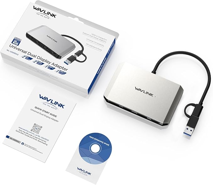 WAVLINK USB C and USB 3.0 to Dual 4K DisplayPort/HDMI Adapter Displaylink Monitor Splitter Extended Display for Dual Monitor 4K@60Hz HDMI/DP Splitter Compatible with Mac M1-M4Window Laptop-Silver
