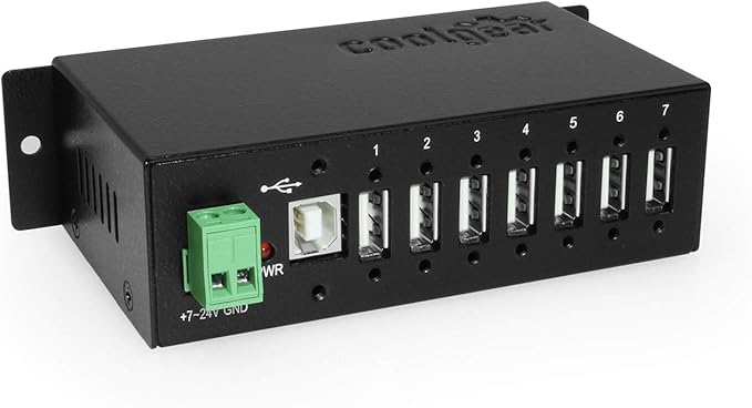 Coolgear Industrial 7-Port USB 2.0 Hub with Secure Screw-Locking Ports | Surface &amp DIN-Rail Mountable | 480 Mbps Data