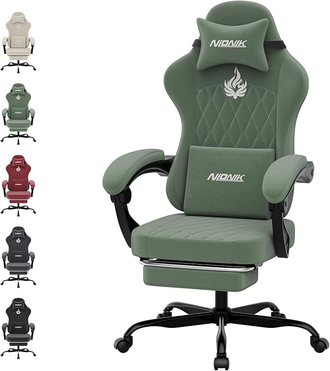 Ergonomic Gaming Chair Video Gamer Chairs Gaming Computer Chairs Gamer Chairs for Adults Massage Lumbar Support Swivel Height Adjustable Headrest Backrest Green