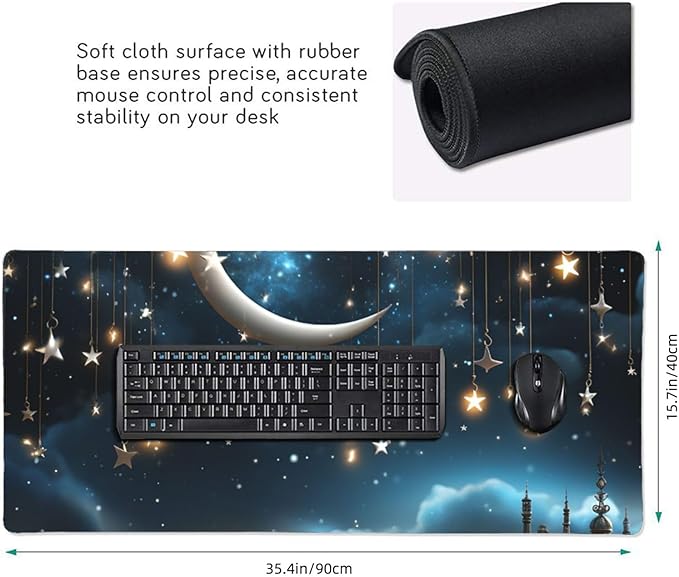 Gaming Mouse Pad Extended Full Keyboard Mat with Stitched Edges Anime Large Desk Pad with Non-Slip Base Nightsky Hanging Moon Stars Mouse Mat for Gaming and Office 16 x 35.5 inches Mousepad