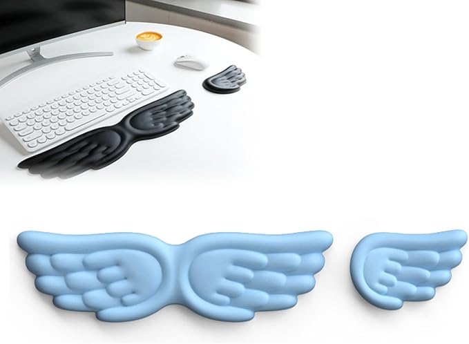 Angel Wing Wrist Rest 3 in 1 SetErgonomic Memory Foam Keyboard and Mouse Pad SupportAnti-Slip Waterproof PU Leather Wrist Cushion for Carpal Pain Relief Aesthetic Desk Decor for Office Gaming (#B)