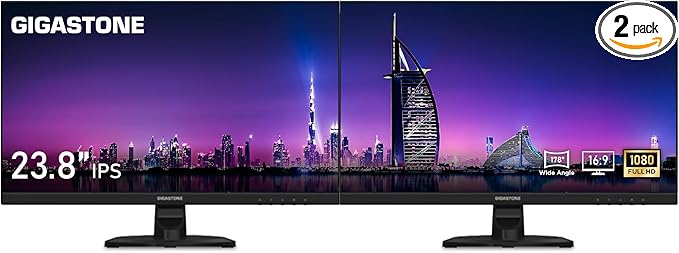 Gigastone 24 inch IPS LED Back Light Monitor 2-Pack 75Hz FHD 1920 x 1080 178° Wide View Frameless Dual Monitor 5ms Built-in Speakers Eye Care Technology Ergonomic Tilt VESA Mount HDMI VGA
