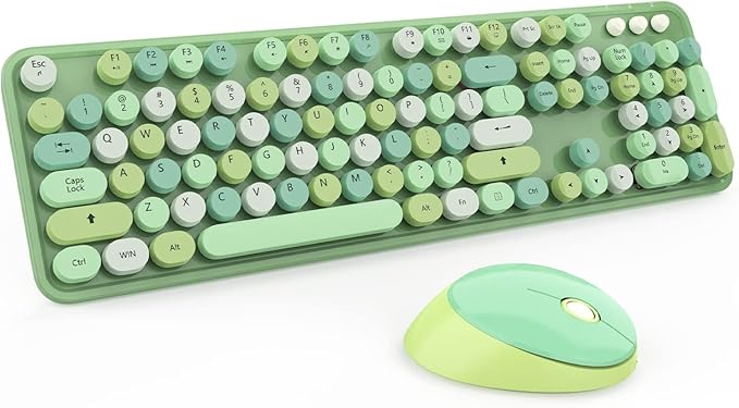 Green Wireless Keyboard and Mouse KOOTOP Cute Green Colorful Keyboard and Mouse 2.4G Wireless Keyboard with Retro Round Keycap for PC Mac LaptopTabletComputer Windows (Green)