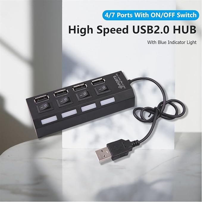 4/7 Ports USB 2.0 Hub Power Adapter Splitter Switch Docking Station LDE Light for PC Computer Laptop Notebook(4 Ports)