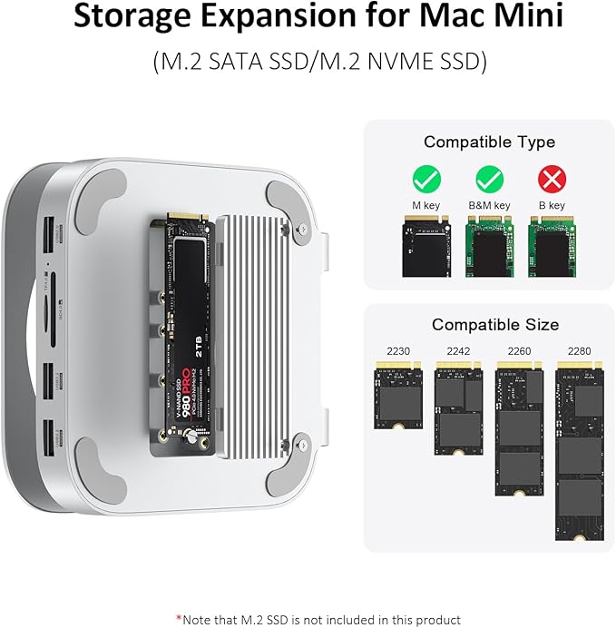 Akyyajaure Mac mini Hub: 10 in 1 Aluminum Stand &amp Dock for Mac mini M4 Pro with M.2 NVMe SSD Enclosure 4K60hz HDMI 10Gbps USB-A*2 SD/TF Card Readers USB 2.0