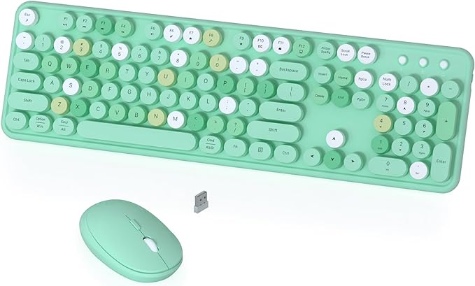 Colorful Wireless Keyboard and Mouse Combo COVEVA 2.4GHz Wireless Retro Cute Round Keycaps Keyboard 104 Keys Full-Sized Keyboard Mouse Set with Switch Button for PC Laptop Desktop (Green Colorful)