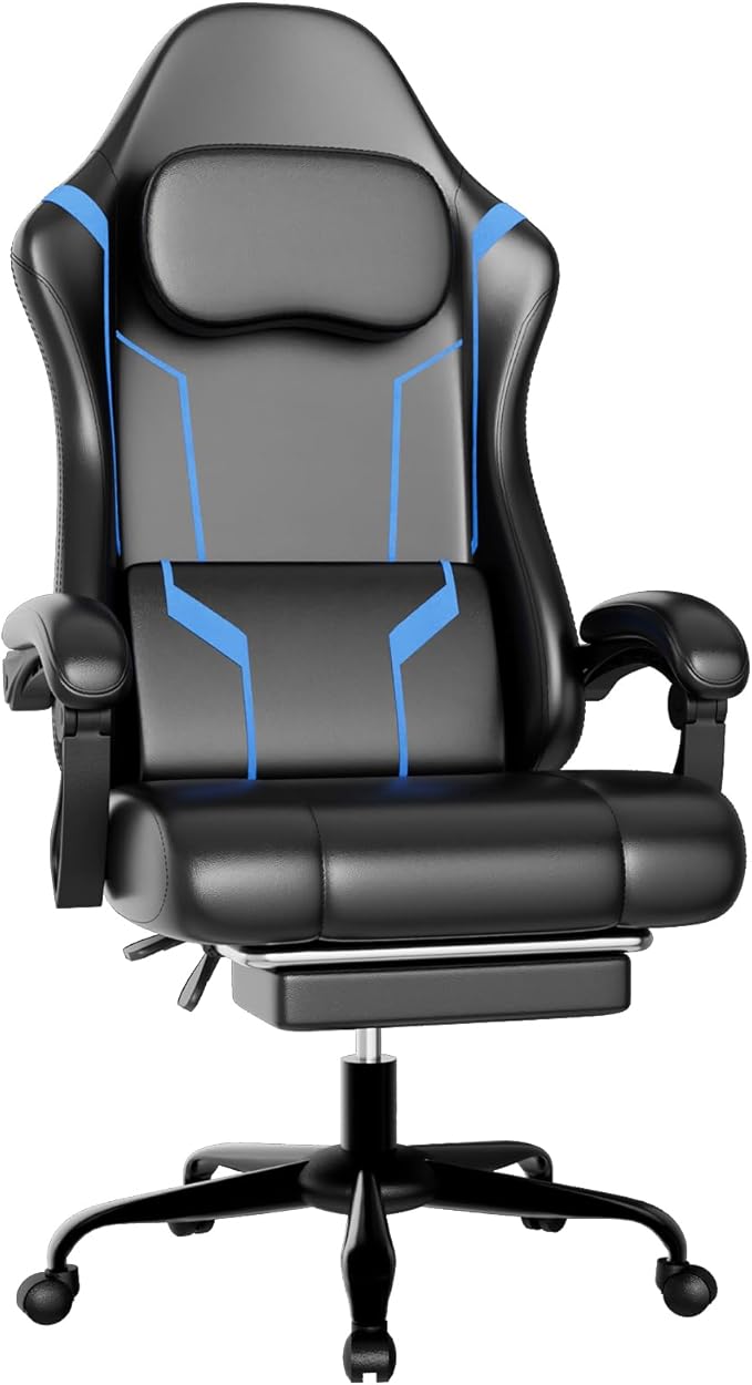 Gaming Chair with Pocket Spring Cushion &amp Footrest - Ergonomic Computer Chair with Adjustable Height Headrest &amp Swivel SeatFaux Leather Blue