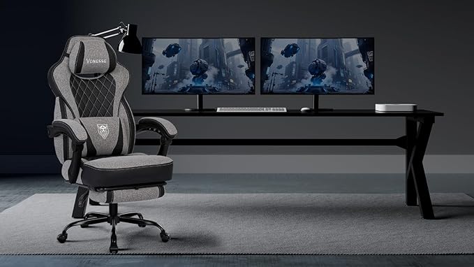 Vonesse Gaming Chair Reclining Fabric Gaming Chairs for Adults 250LBS Office Chair with Pocket Spring Cushion Computer Chair with Footrest and Massage Lumbar Support (Grey)