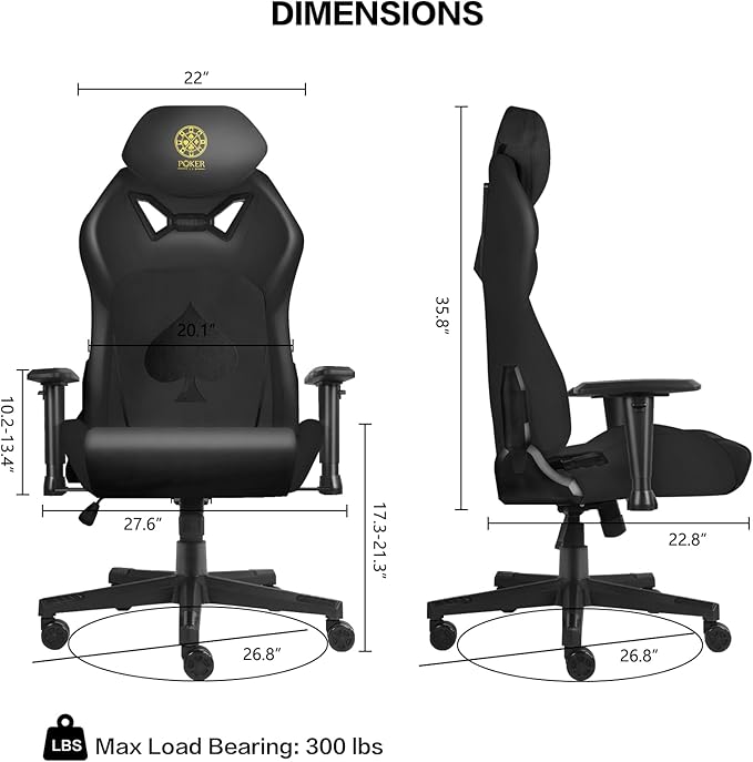 Ergonomic Video Poker Gaming Chair Recliner with Texas Hold'em Sign Swivel Chair with Poker Logo Lumbar Support Headrest Height Adjustable for Study Home Office Black Poker 5