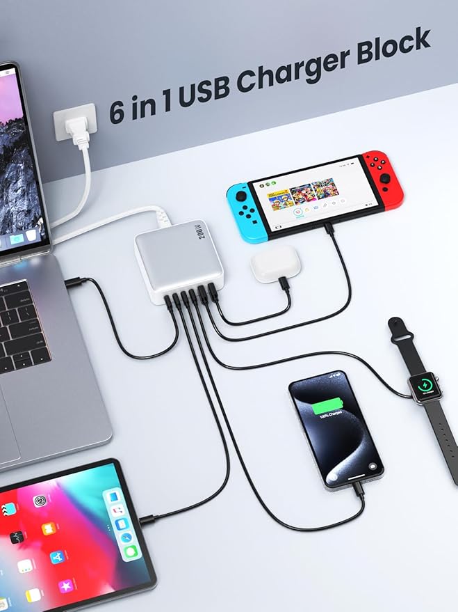 USB C Charger Block 200W[2025 Upgraded] GaN III 6 Port Fast Charging Station HubPD 65W USB C Laptop Charger Compatible with MacBook Pro/AiriPadiPhone 16/15Galaxy S23/S24 Steam Deck Dell XPS etc