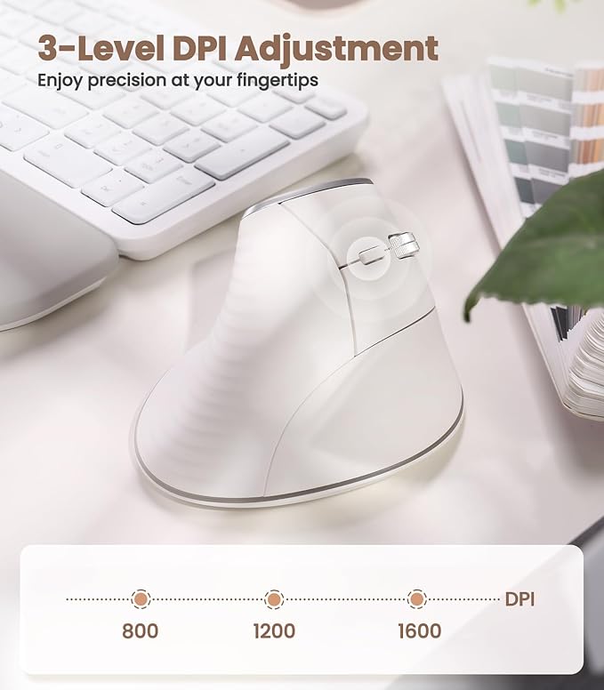 Nulea M510 Vertical Mouse Wireless Ergonomic Mouse for Comfy Tracking 3 Adjustable DPI (800-1200-1600) 2.4G Wireless Vertical Mouse with 6 Buttons Compatible with Windows Mac OS Laptop White