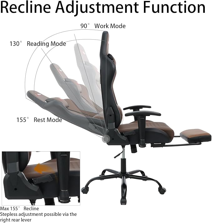 Video Game Chair with Footrest Ergonomic Comfortable Gaming Office Chair Height-Adjustable with a 360° Swivel Base and Headrest(1002-Brown)
