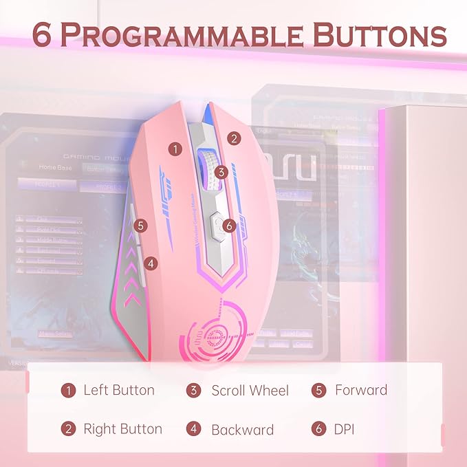 UHURU Gaming Mouse Wireless Gaming Mouse with 6 Buttons 7 Changeable LED Color up to 10000 DPI Rechargeable USB Gamer Mouse for PC Laptop (Pink)