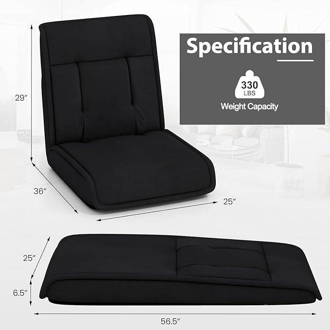 KOMFOTT Floor Chair with Back Support 14-Position Adjustable Cushioned Lazy Sofa Chair with Skin-Friendly Faux Suede Fabric Lounge Chairs for Video Gaming Reading Mediation Black