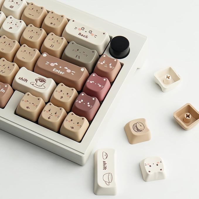 PBT Keycaps 142 Keys Cute Keycaps Dye-Sublimation Coffee Cat Keycap Mao Profile Custom Keycap for Cherry Gateron MX Swithes Mechanical Gaming Keyboards