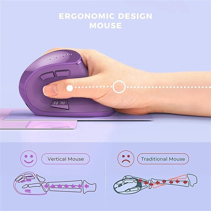 Vertical Mouse Wireless Ergonomic Optical Mouse (BT 5.0 + Bluetooth 3.0 + USB Connection) with 9 Buttons Rechargeable Computer Mouse for Wins PC/Laptop Mac (Purple)