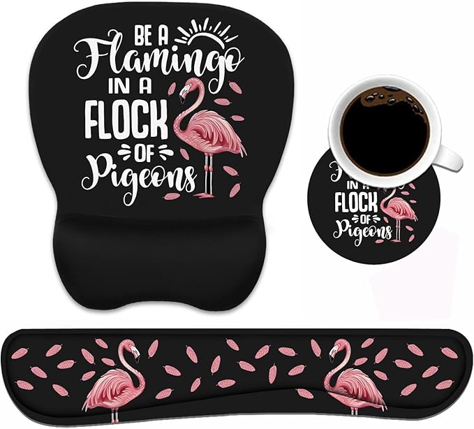 Mouse Pad Wrist Support and Keyboard Wrist Rest Set with Coasters Inspirational Quote Be a Flamingo in a Flock Pigeons with Non-Slip PU Base Ergonomic Mousepad for Computer Laptop Home Office