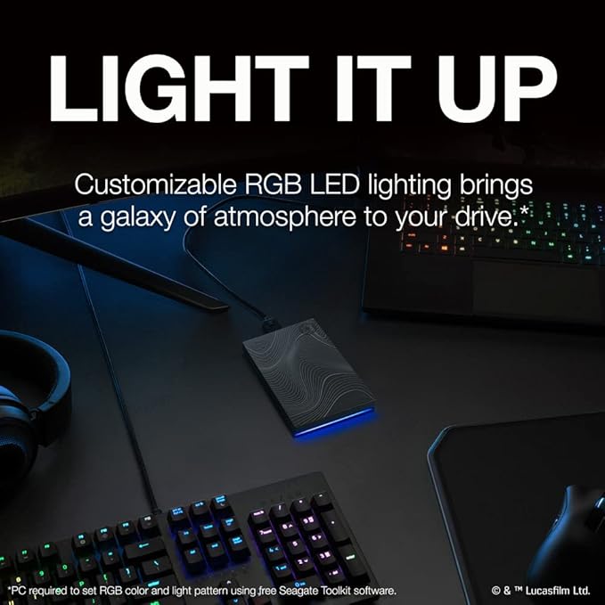 Seagate Beskar Ingot Special Edition FireCuda 2TB Officially-Licensed External Hard Drive HDD - 2.5 Inch USB 3.2 Gen 1 customizable LED RGB lighting with Rescue Services (STKL2000403)