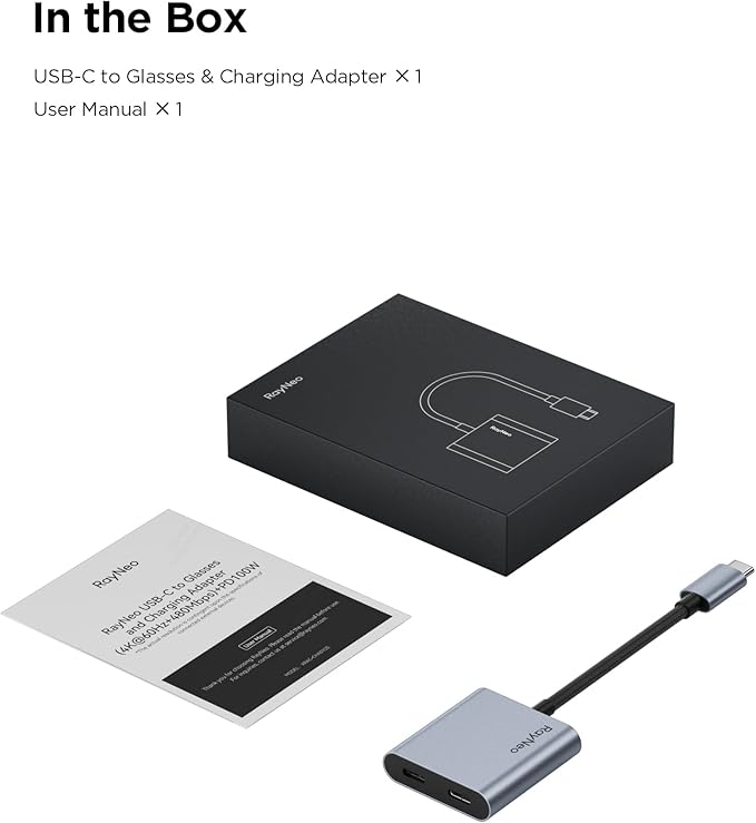 RayNeo USB-C to Glasses Charging Adapter - Charge &amp Play for Switch (Not Switch 2)/PS5/Xbox/Mac/Laptops &amp DP Alt Mode Devices 100W PD Charging &amp 4K@60Hz Output - for Air 4/Air 3 Series A