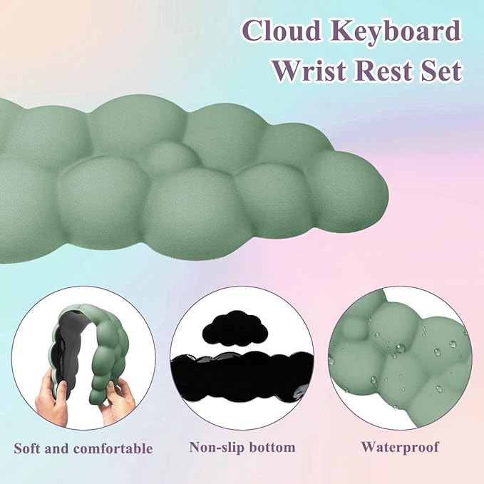 Gaming Desk Mat with Keyboard Wrist Rest Set 4 in 1 Large Mouse Pad &amp Cloud Keyboard Wrist Rest&amp Mouse Wrist Rest&ampCoaster Comfort and Support for Typing and Gaming（Green
