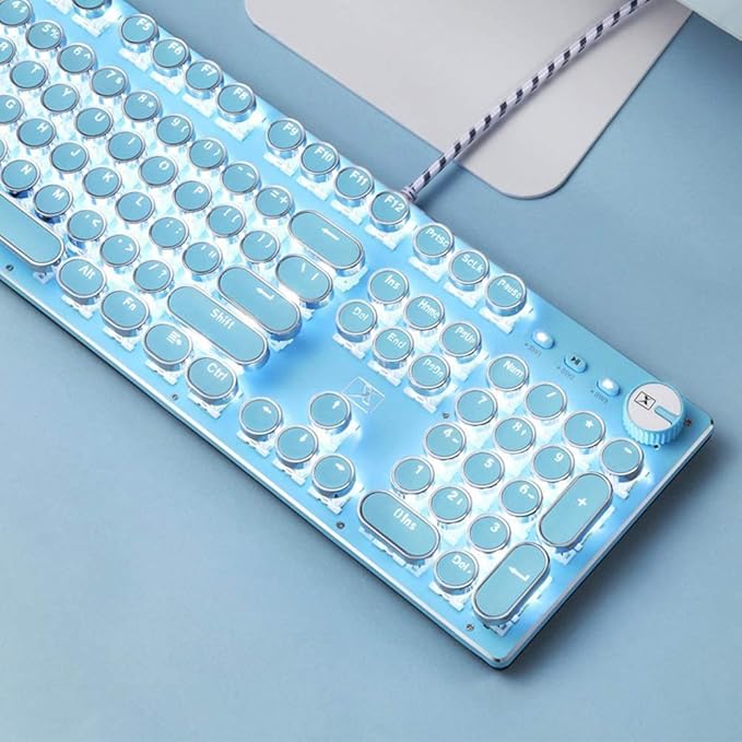Basaltech Blue Mechanical Gaming Keyboard Retro Steampunk Vintage Typewriter-Style Keyboard with LED Backlit 104-Key Anti-Ghosting Blue Switch Wired USB Metal Panel Round Keycaps (Blue-SK)