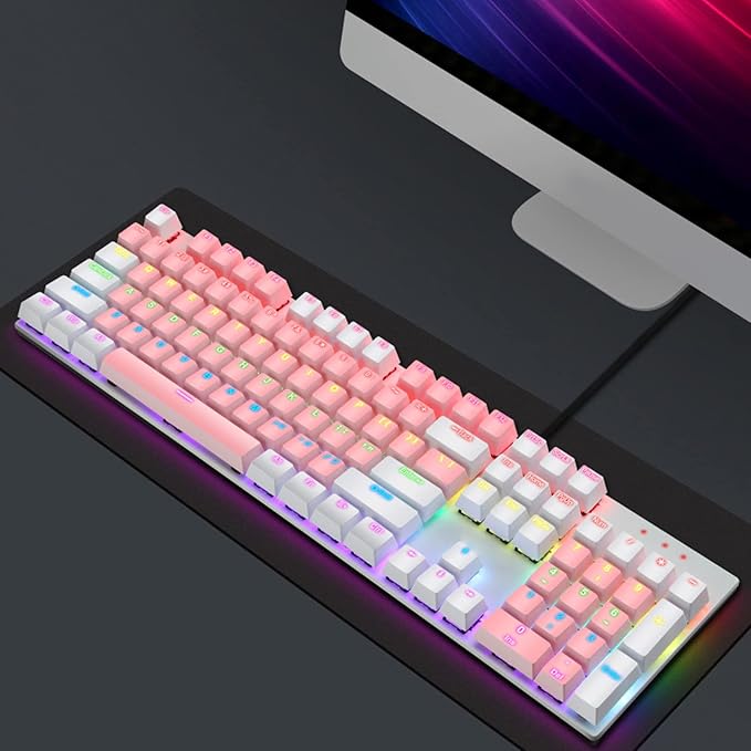 RGB Backlit 104 Keys Mechanical Gaming Keyboard USB Wired Computer Keyboard 28 Backlight Modes for Windows 2000 for Vista (Pink and White)