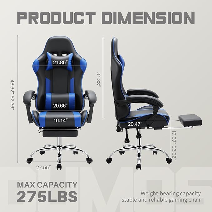 edx Ergonomic Gaming Chair PU Leather Office Computer Chair with Footrest Headrest Linkage Armrests Height Adjustable 360° Swivel Reclining (Blue)