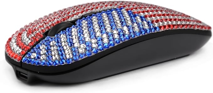 WONGS American Flag Bling Luxury Crystal Rhinestone Rechargeable 2.4G Wireless Mouse for Laptop Computer Cute USA Star Stripes Mouse for Girls - Flag Black