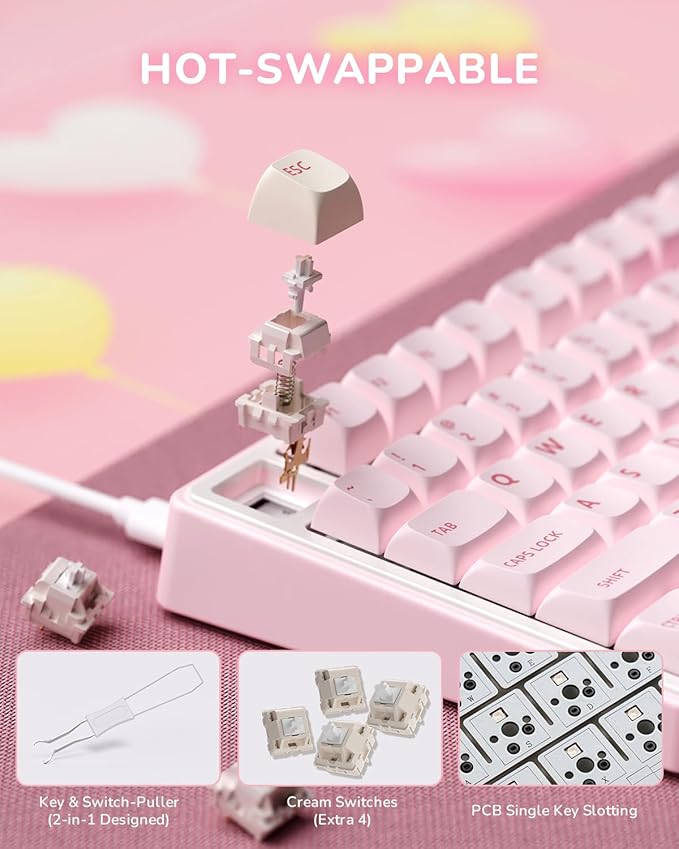 RK ROYAL KLUDGE R75 Mechanical Keyboard Wired with Volume Knob 75% Keyboard Gasket Mounted Hot Swappable Creamy Sound MDA Profile PBT Keycaps Pink
