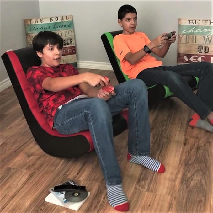 The Crew Furniture Classic Video Rocker Gaming Chair for Kids and Teens PU Faux Leather &amp Polyester Mesh Black/Black