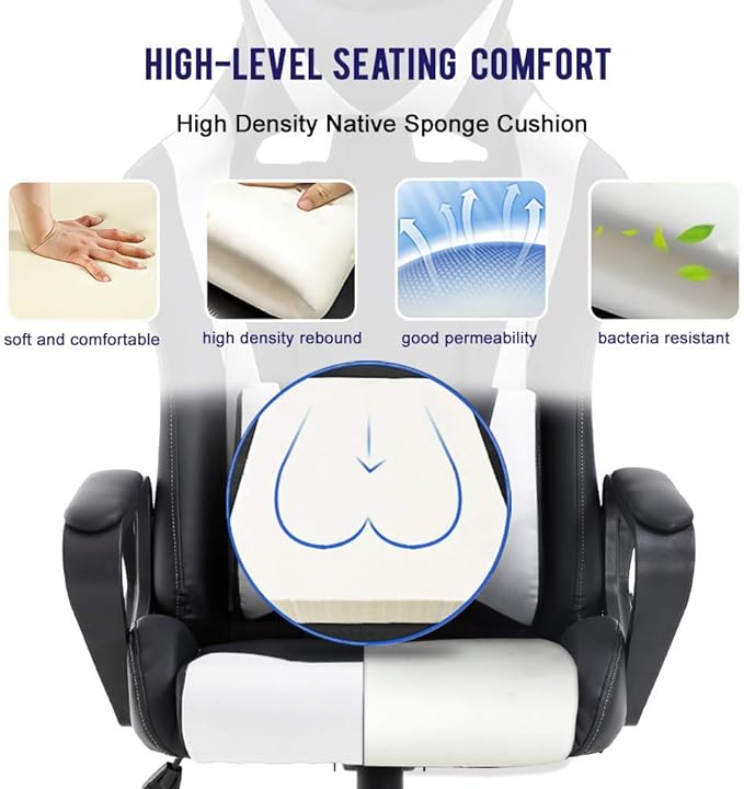 Gaming Chair with Lumbar Support High-Back Office Chair for Adults with Ergonomic Computer Racing Chair PU Desk Task Chair with Support Flip Up Arms Headrest White