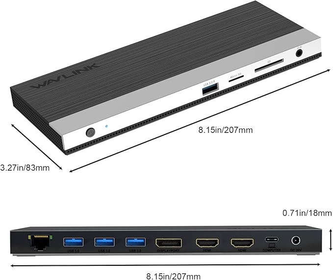 WAVLINK USB C Docking Station 4K Triple Display (2 HDMI + 1 Displayport) with 100W PC Charging Gigabit Ethernet 4 USB 3.0 SD/TF Card Slot Audio for Dell HP MacBook Lenovo and Other USB C Laptops