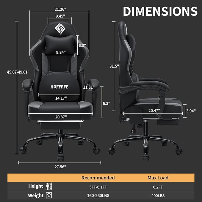 HOFFREE 3D Kneading Massage Gaming Chair with Heated Massage Lumbar Support Office Computer Chairs for Adults with Footrest Ergonomic Comfy Game Chair for Gaming Office 400lbs Black