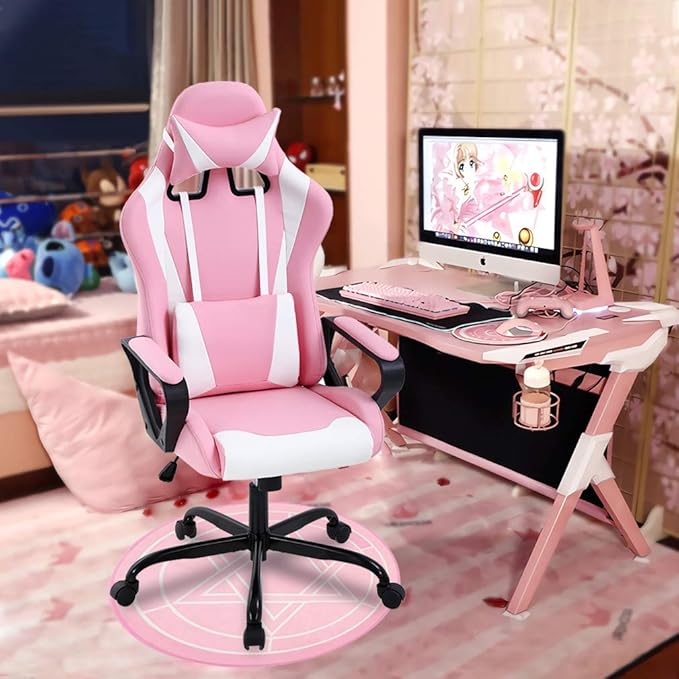 Pink Gaming Chair for Adults - High Back Ergonomic Office &amp PC Gaming Chair with Wheels Reclining &amp Adjustable Headrest &amp Lumbar Support
