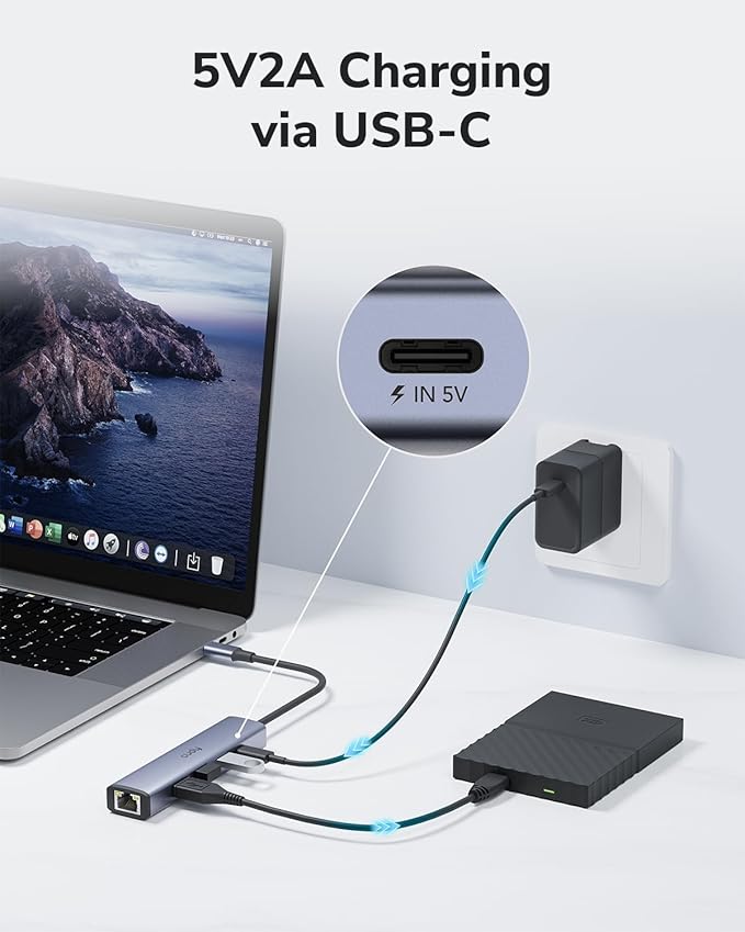 Cudy 5-in-1 USB-C Hub with Gigabit Ethernet RJ45 Port Multiport Adapter 3 USB-A 3.2 Gen 1 USB-C Port Receiving 5V2A DC for MacBook iPhone 15/16/17 and More UH605